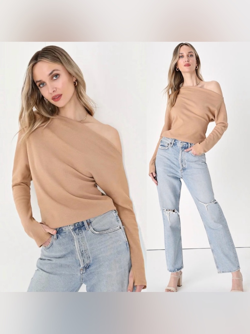 Free People Fuji Tan Off-the-Shoulder Long Sleeve Thermal Top